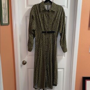 Anthropologie Corduroy Olive Patterned Long Sleeve Belted Dress